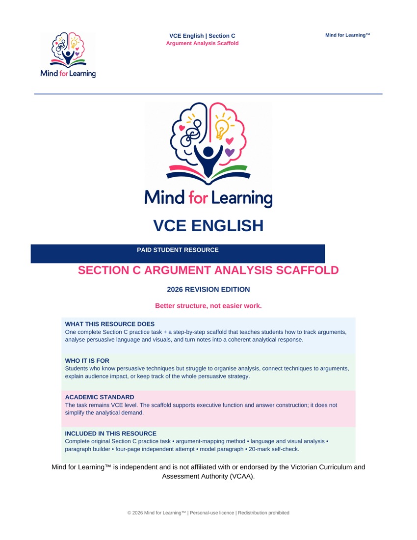 Cover of the Mind for Learning VCE English Section C Argument Analysis Scaffold